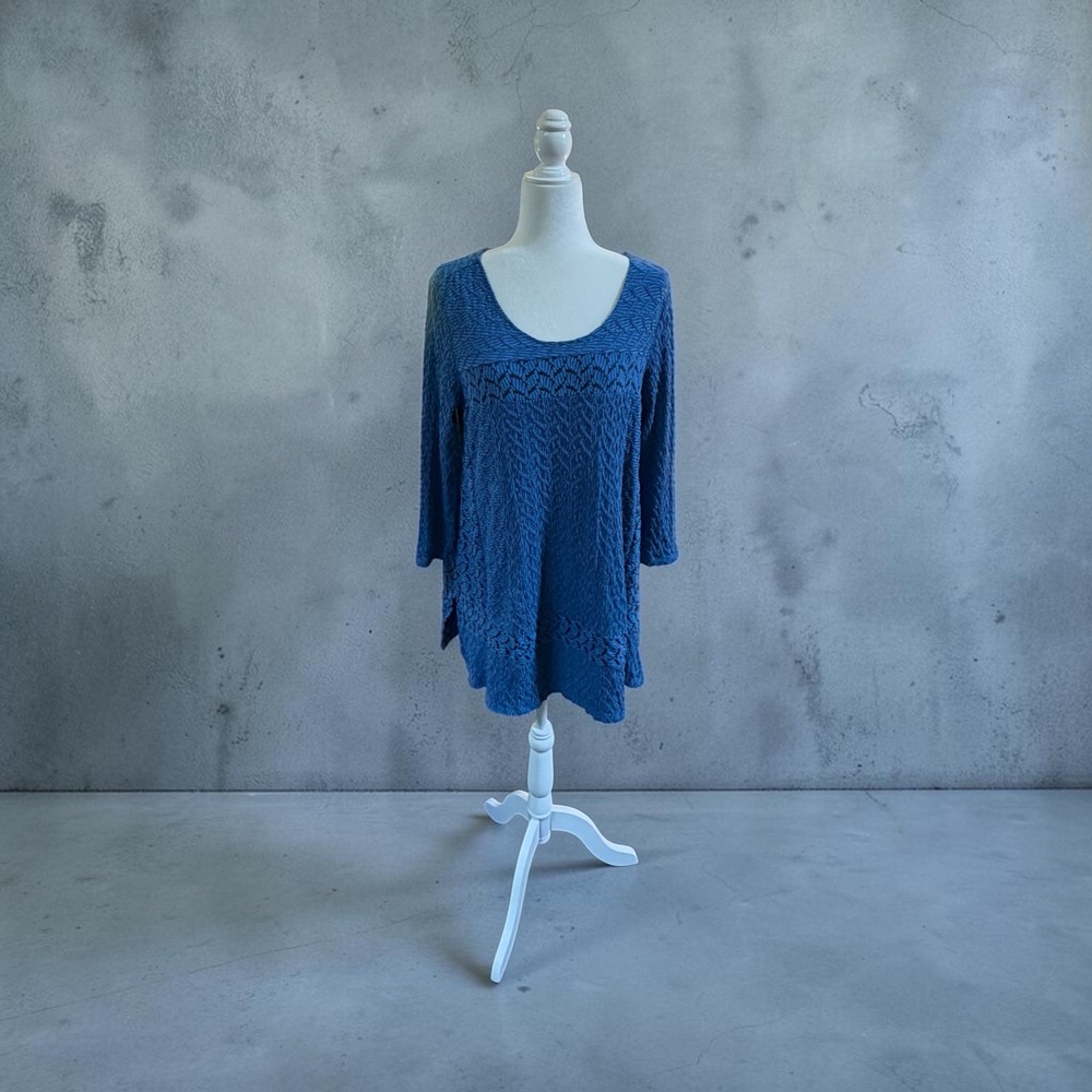 Habitat Artsy Lagenlook Textured Swing Tunic Top Blue 3/4 Sleeve Relaxed